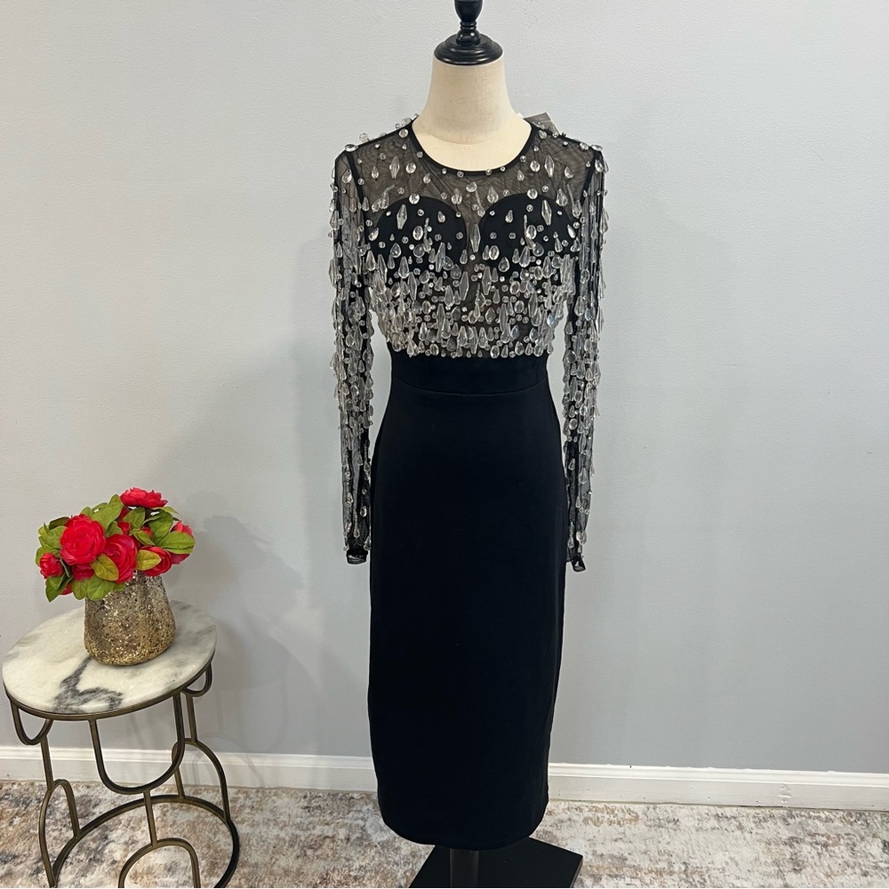 Mac Duggal Black Large Dangling Crystals Chandelier Long Sleeves Short Gown